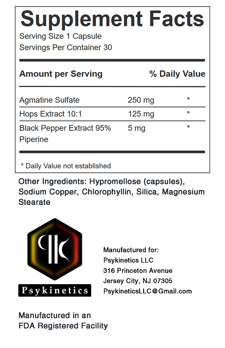 Supplement facts: Agmatine Sulfate 250 mg Hops Extract 10:1 125 mg Black Pepper Extract 95% Piperine 5 mg